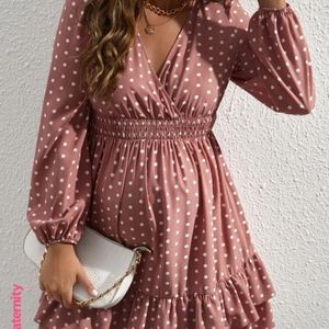 Maternity Polka Dot Lantern Sleeve Shirred Layered Hem Dress